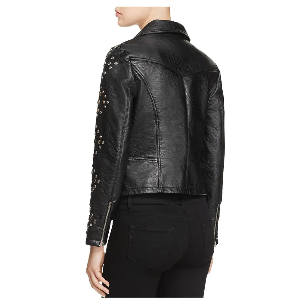 Women Pin Studded Biker Leather Jacket Black