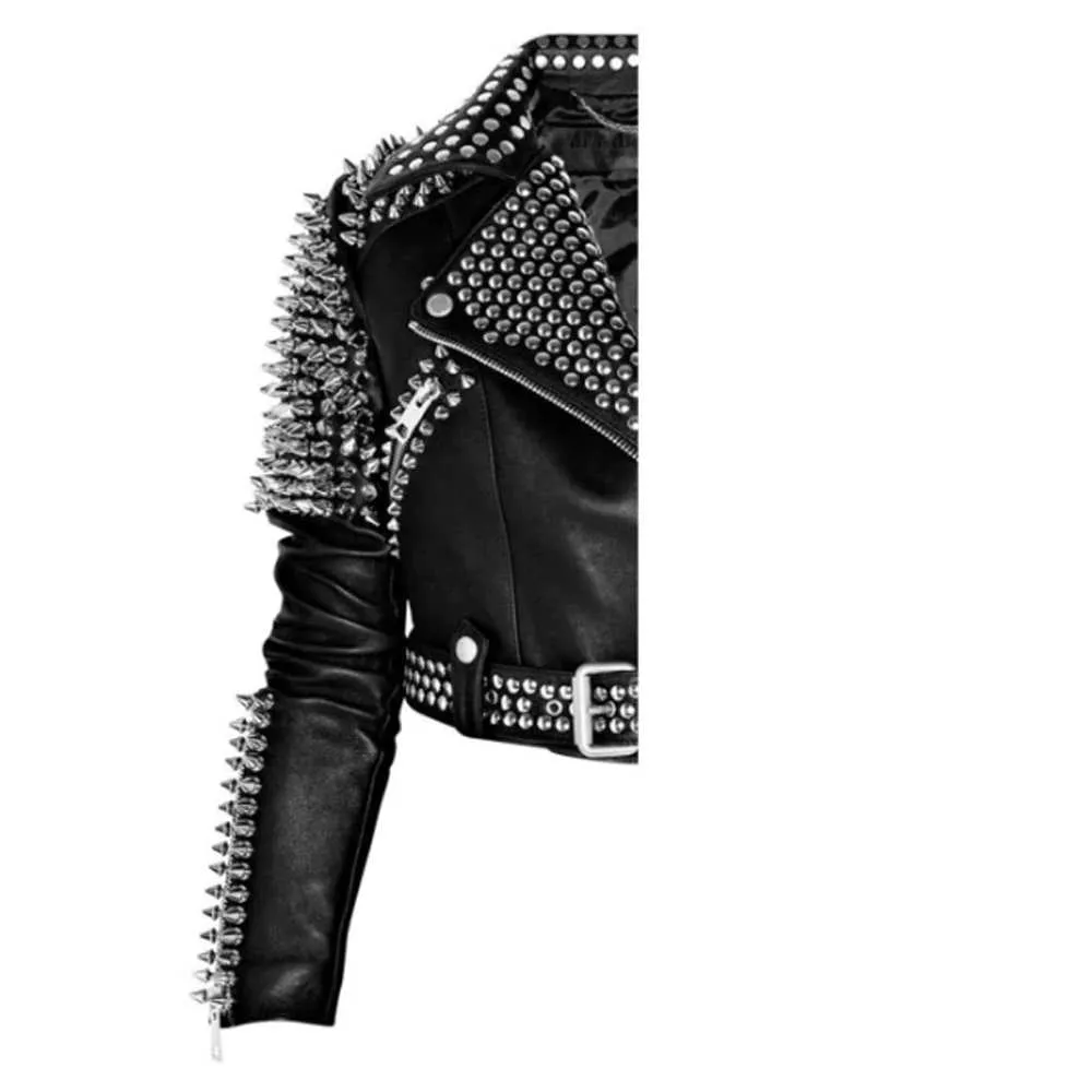 Women Punk Rock Silver Studded Biker Leather Jacket