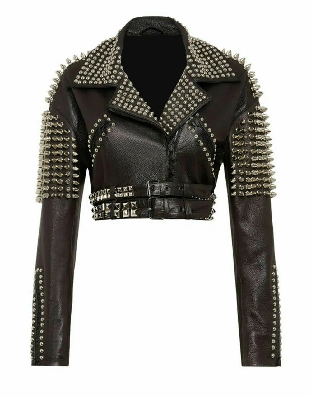 Women Silver Studs Short Body Leather Jacket