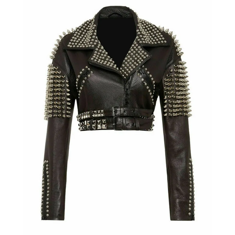 Women Silver Studs Short Body Leather Jacket