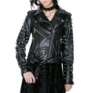 Women's Black Color Biker Genuine Leather Silver Spike Studded Belted Jacket