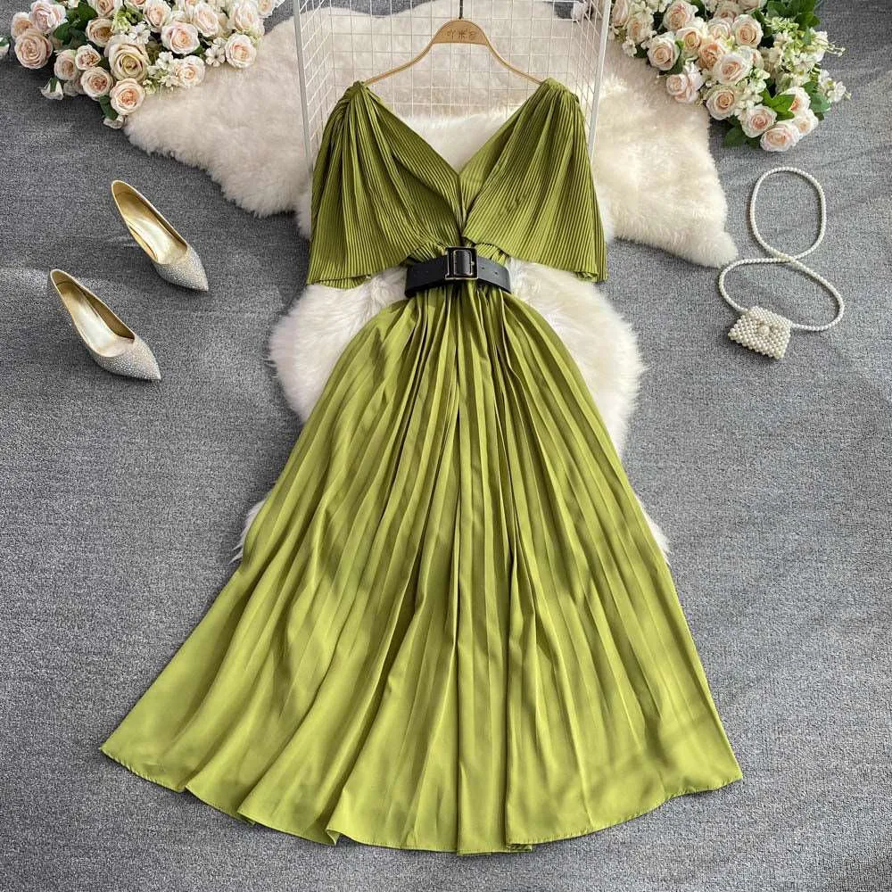 Women's Elegant V-neck Pleated A-line Swing Dress