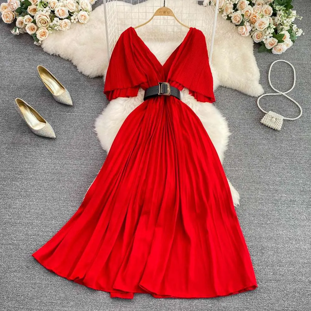 Women's Elegant V-neck Pleated A-line Swing Dress