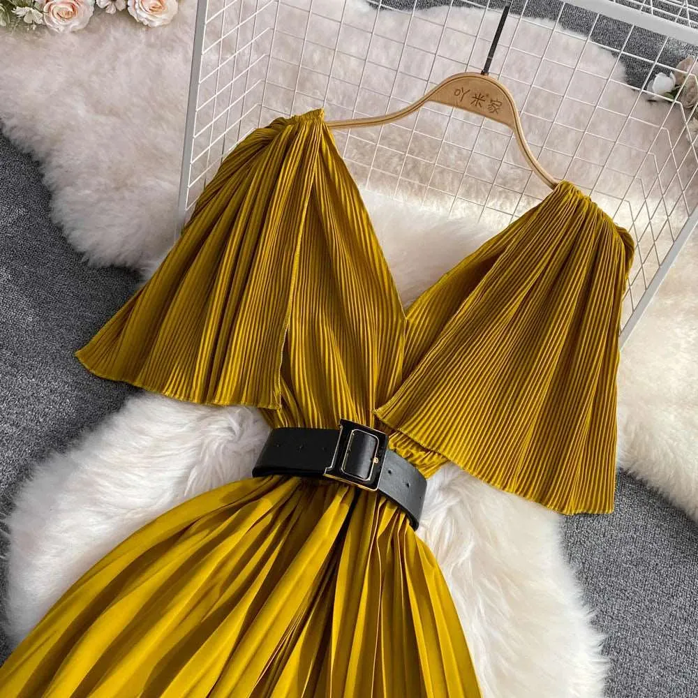 Women's Elegant V-neck Pleated A-line Swing Dress