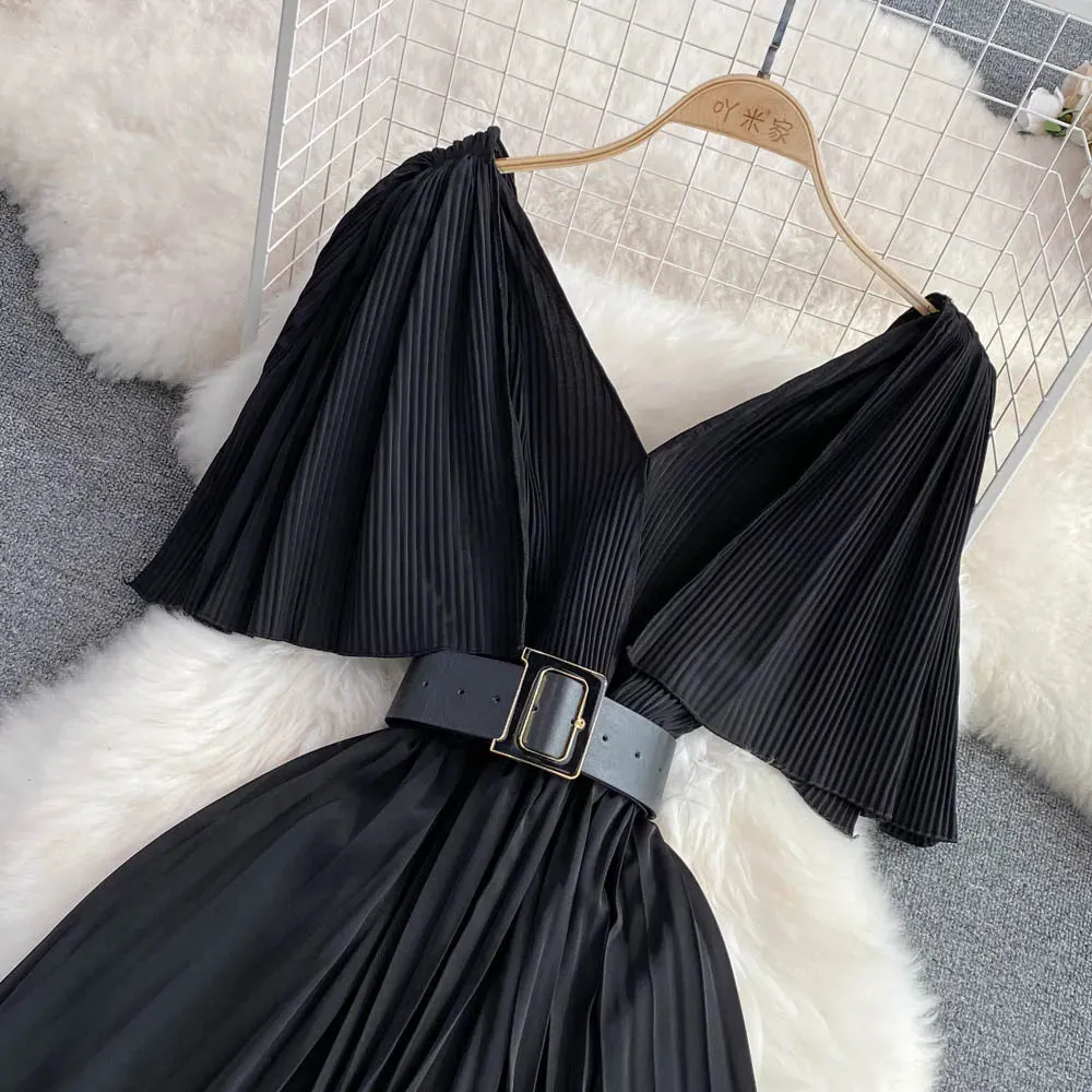 Women's Elegant V-neck Pleated A-line Swing Dress