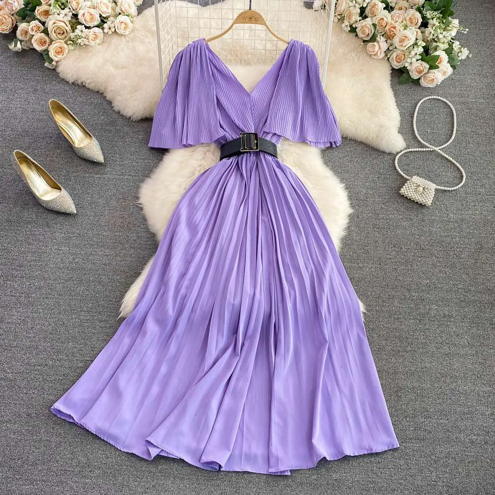 Women's Elegant V-neck Pleated A-line Swing Dress