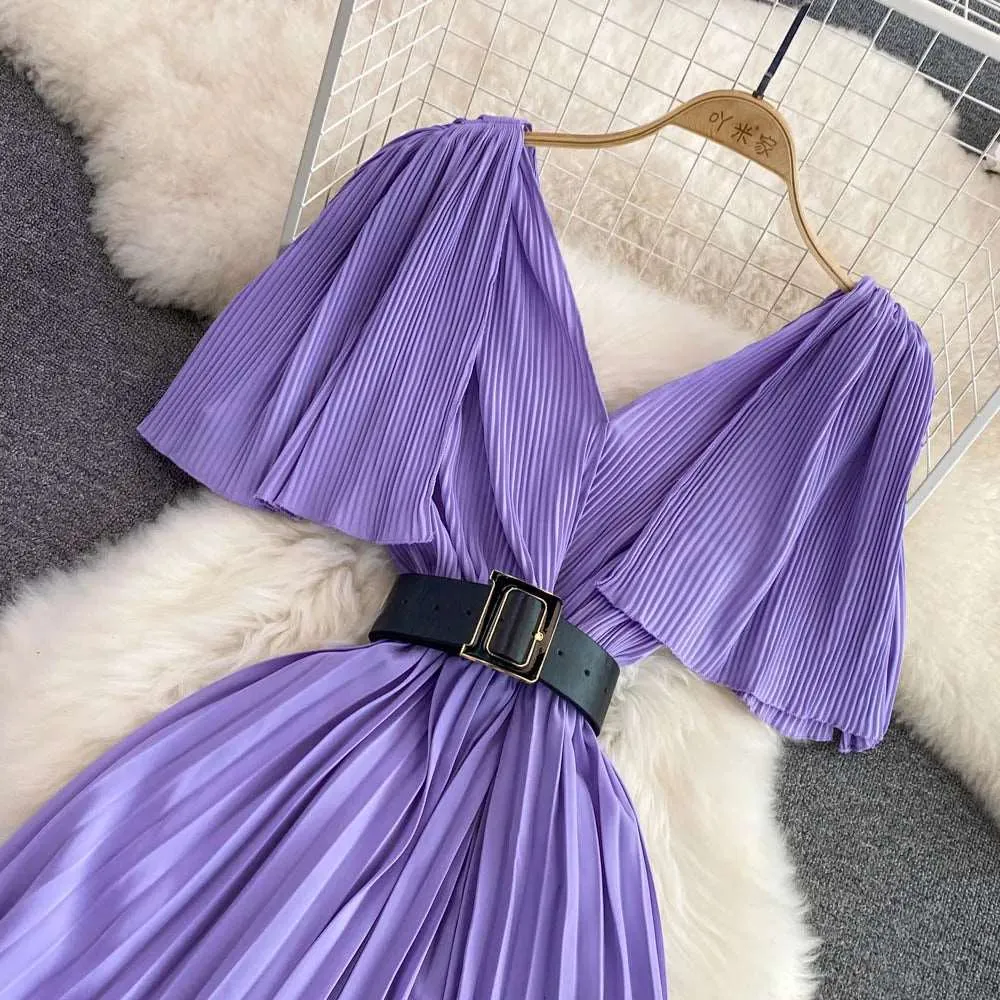 Women's Elegant V-neck Pleated A-line Swing Dress