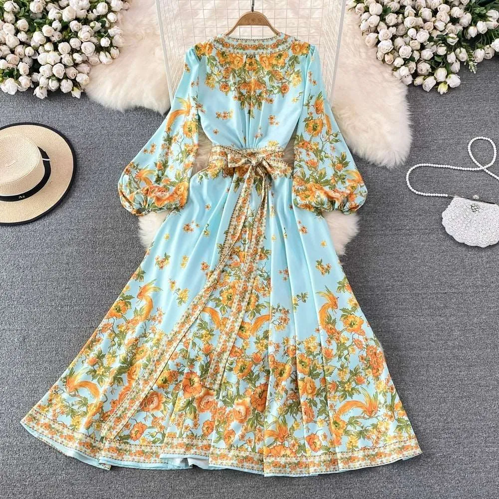 Women's Retro Pleated Puff Sleeve A-line High Waist Dress with Floral Print