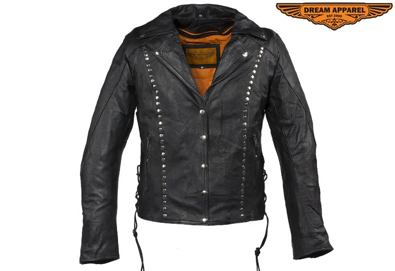 Womens Studded Leather Motorcycle Jacket With Concealed Carry Pockets