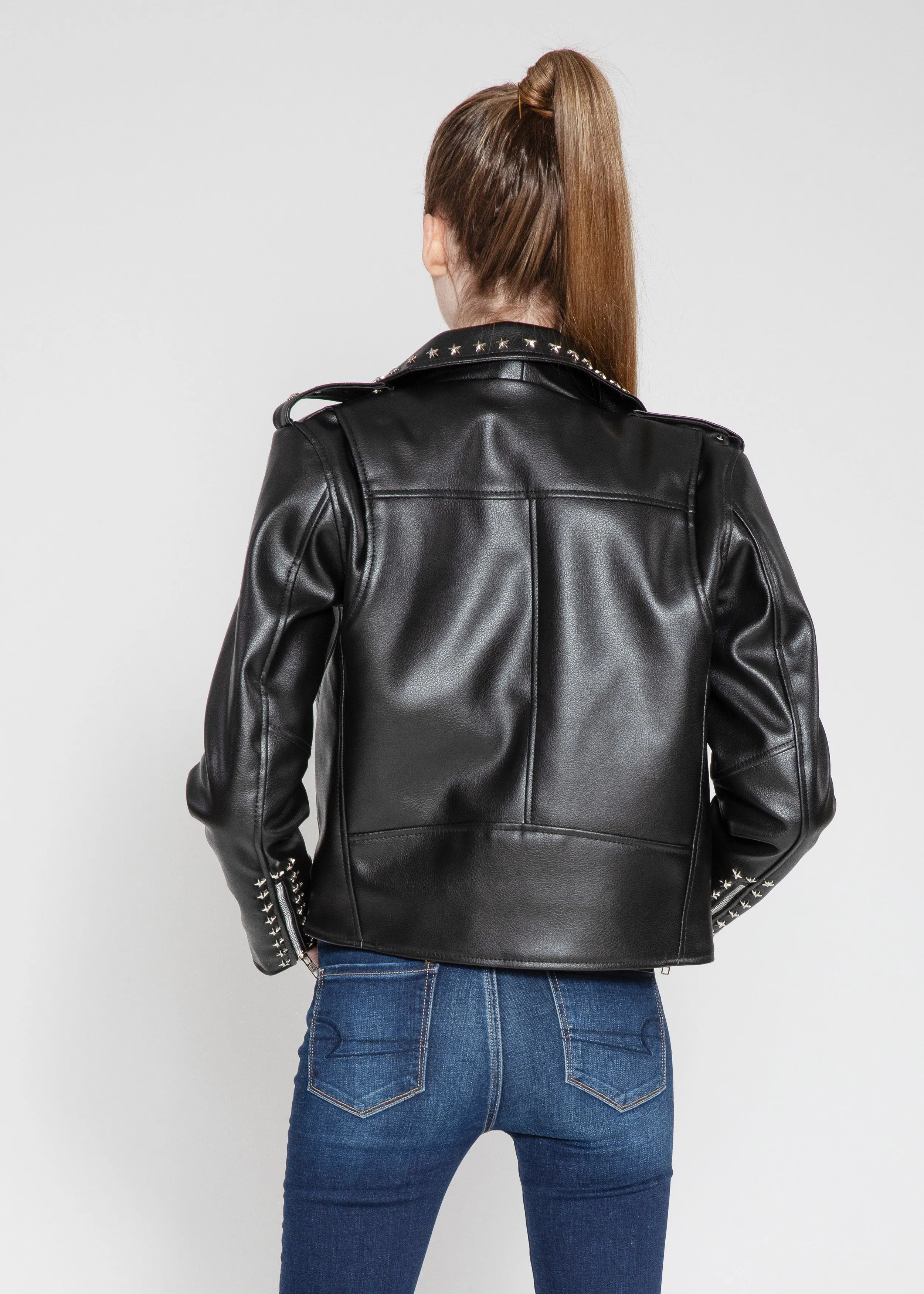 Women's Vegan Star Studded Black Moto Style Faux Leather Jacket