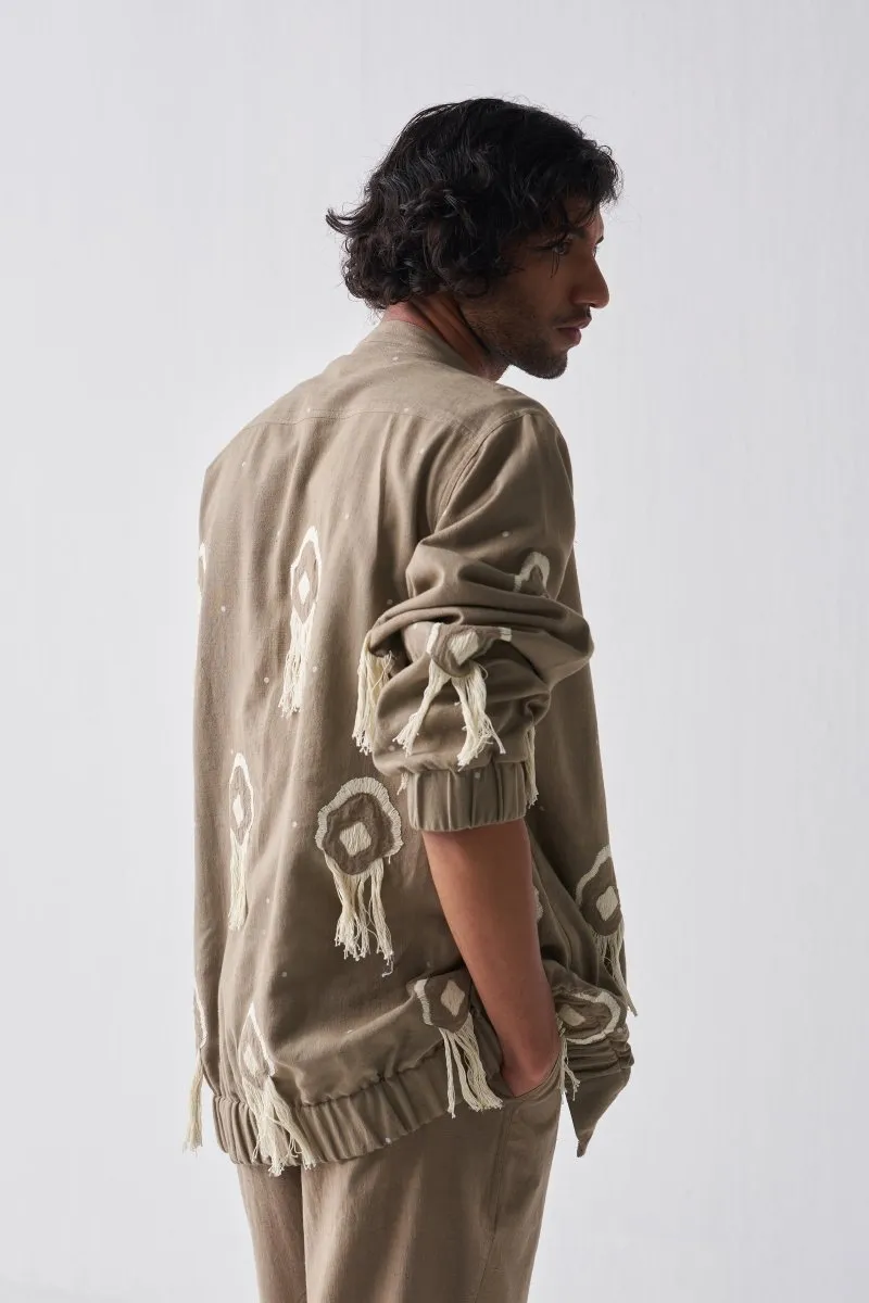 Woven Fringe Bomber Jacket - Sage