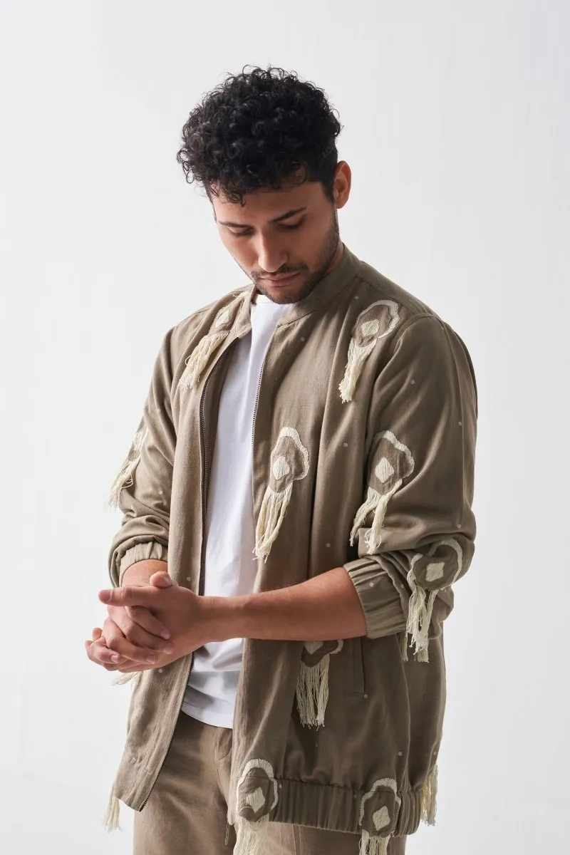 Woven Fringe Bomber Jacket - Sage