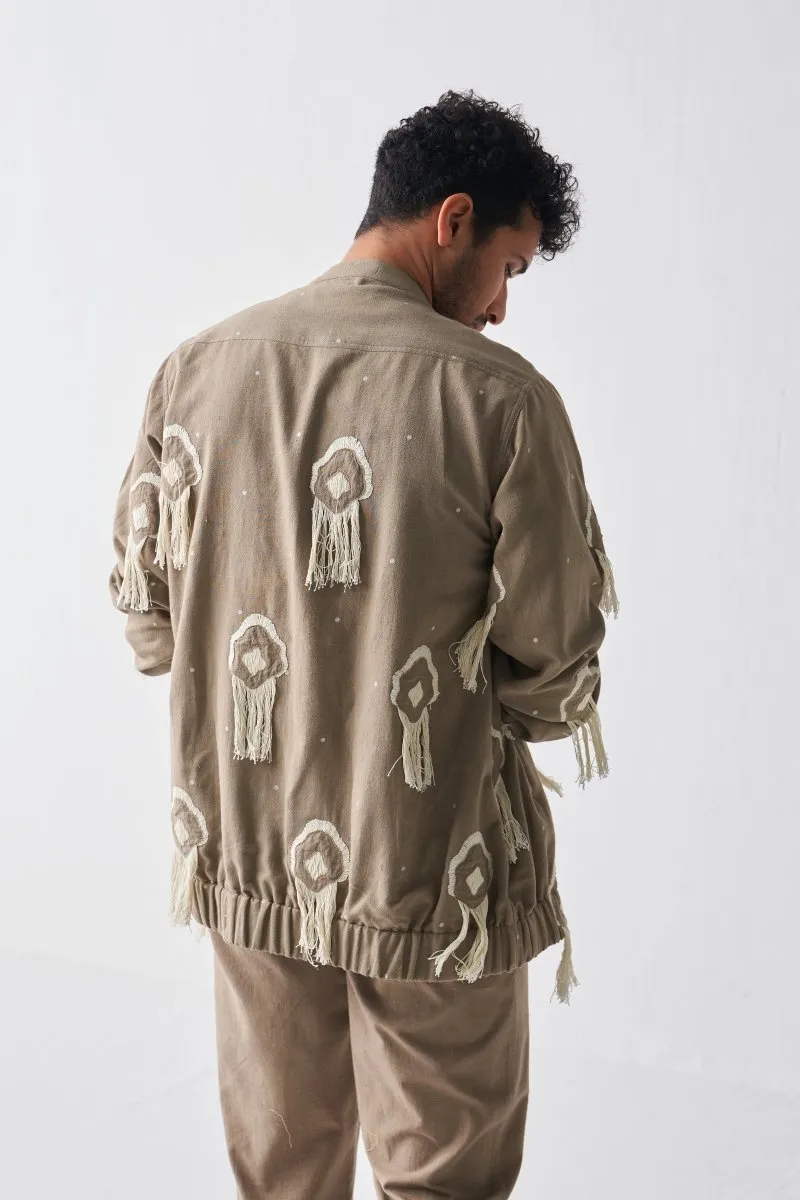 Woven Fringe Bomber Jacket - Sage