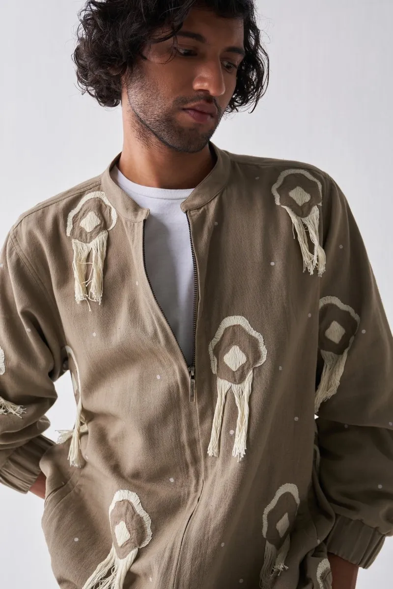 Woven Fringe Bomber Jacket - Sage